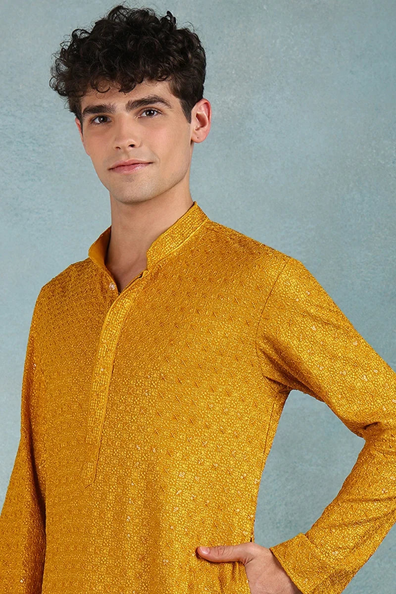 Yellow Viscose Rayon Solid Embroidered Straight Kurta For Men MKU1022YLW