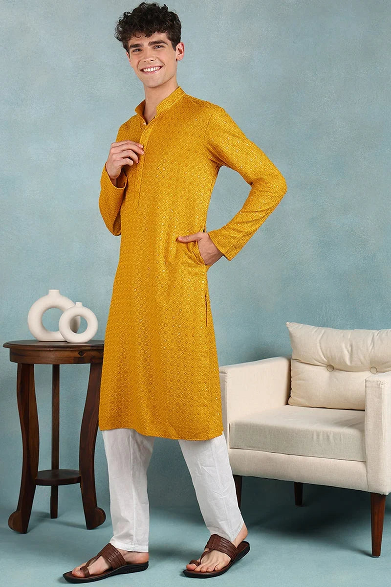 Yellow Viscose Rayon Solid Embroidered Straight Kurta For Men MKU1022YLW