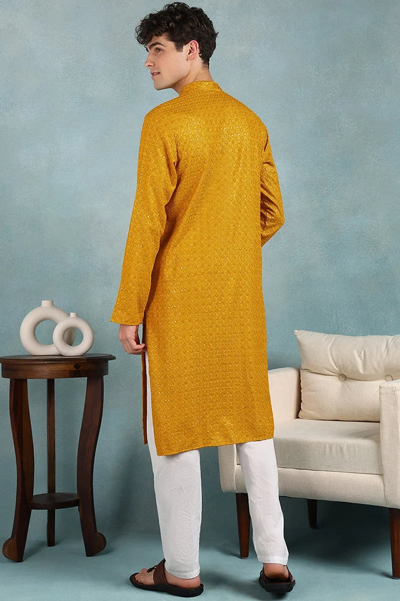 Yellow Viscose Rayon Solid Embroidered Straight Kurta For Men MKU1022YLW