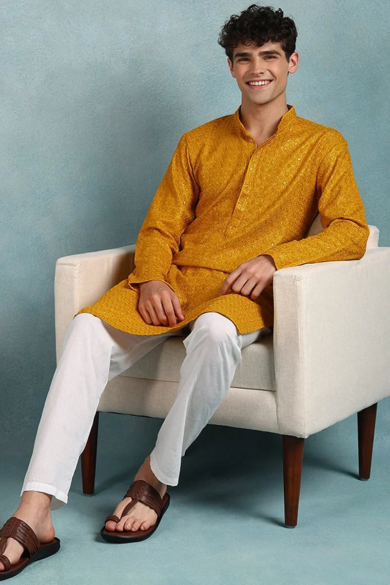 Yellow Viscose Rayon Solid Embroidered Straight Kurta For Men MKU1022YLW