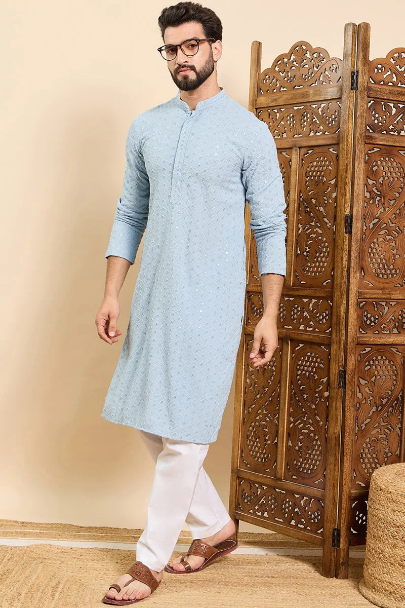 Blue Viscose Rayon Solid Embroidered Ethnic Straight Chikankari Kurta For Men MKU1029BLU