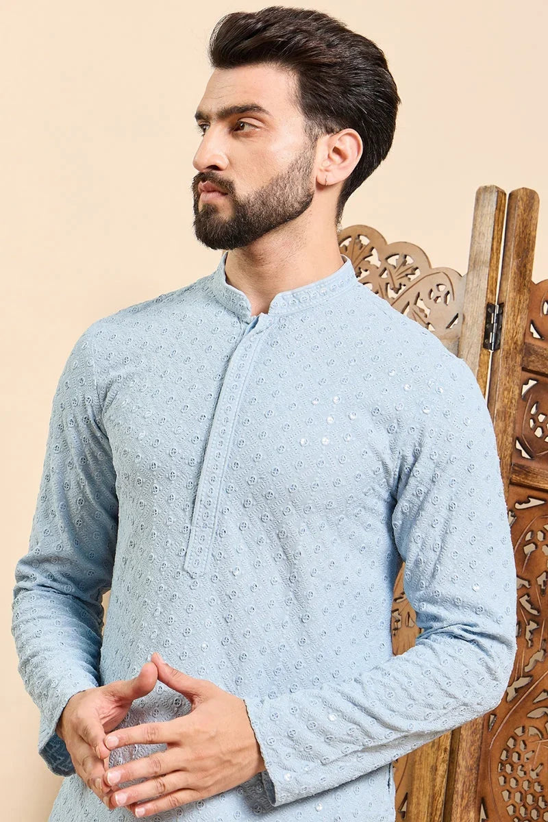 Blue Viscose Rayon Solid Embroidered Ethnic Straight Chikankari Kurta For Men MKU1029BLU