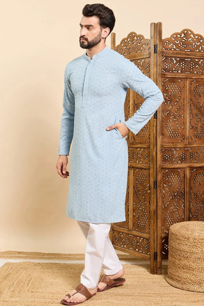 Blue Viscose Rayon Solid Embroidered Ethnic Straight Chikankari Kurta For Men MKU1029BLU
