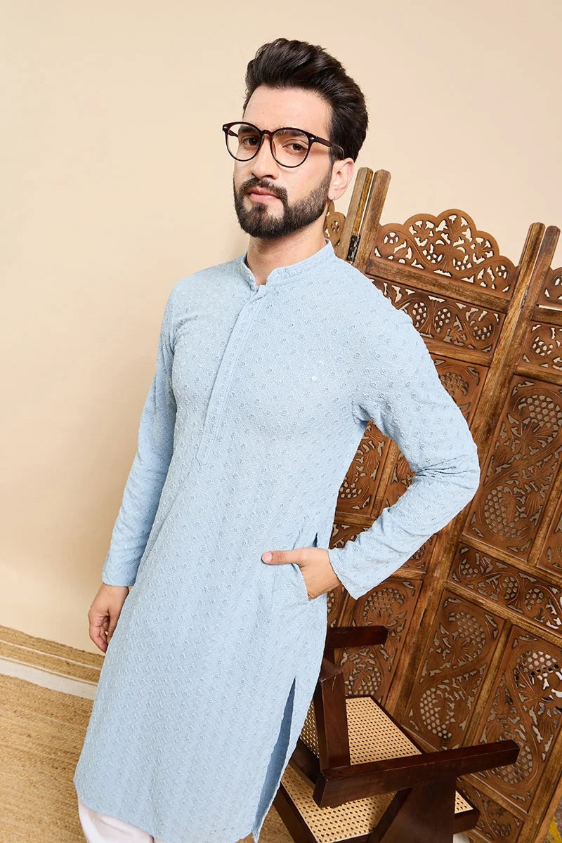 Blue Viscose Rayon Solid Embroidered Ethnic Straight Chikankari Kurta For Men MKU1029BLU