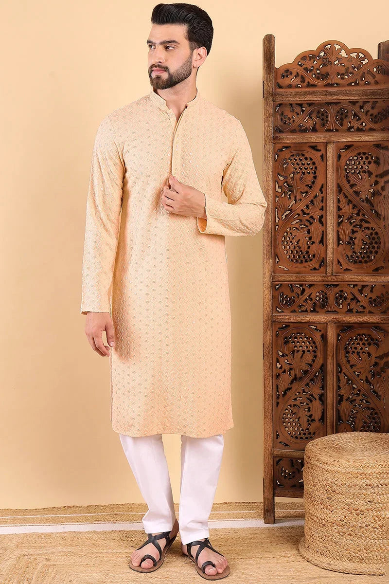 Cream Embroidered Men's Kurta - Indian Kurta for Men Online