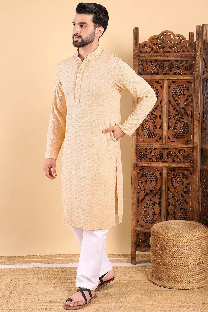 Cream Embroidered Men's Kurta - Indian Kurta for Men Online