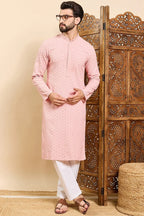 Peach Viscose Rayon Solid Embroidered Ethnic Straight Chikankari Kurta For Men MKU1029PCH