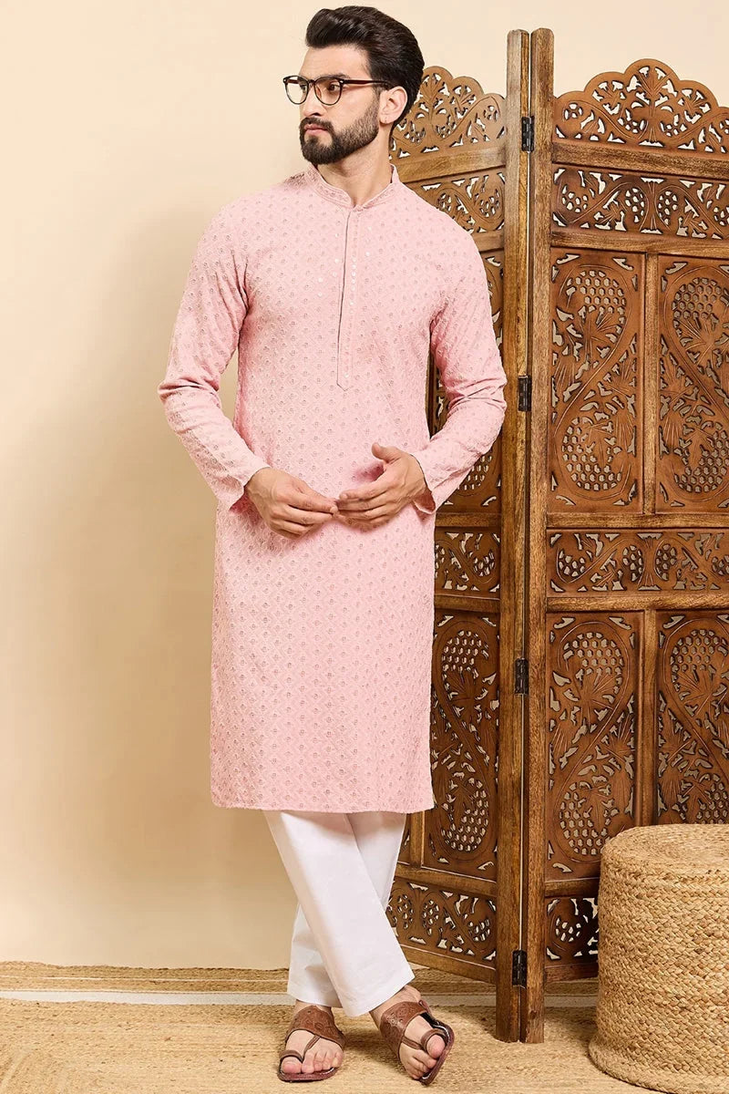 Peach Viscose Rayon Solid Embroidered Ethnic Straight Chikankari Kurta For Men MKU1029PCH