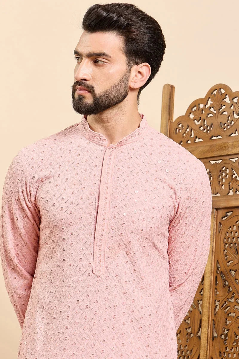 Peach Viscose Rayon Solid Embroidered Ethnic Straight Chikankari Kurta For Men MKU1029PCH
