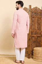 Peach Viscose Rayon Solid Embroidered Ethnic Straight Chikankari Kurta For Men MKU1029PCH