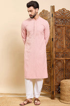 Peach Viscose Rayon Solid Embroidered Ethnic Straight Chikankari Kurta For Men MKU1029PCH