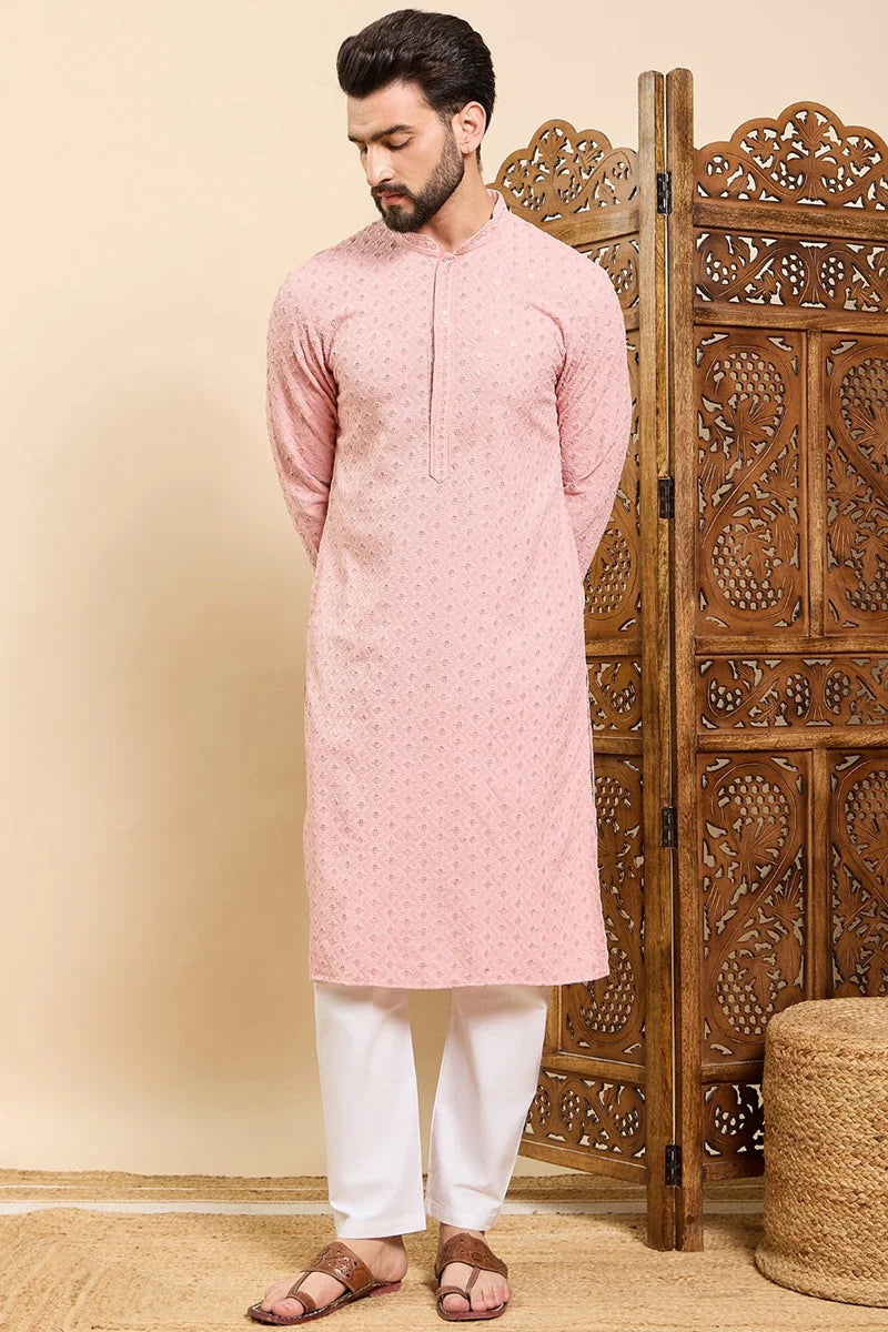 Peach Viscose Rayon Solid Embroidered Ethnic Straight Chikankari Kurta For Men MKU1029PCH