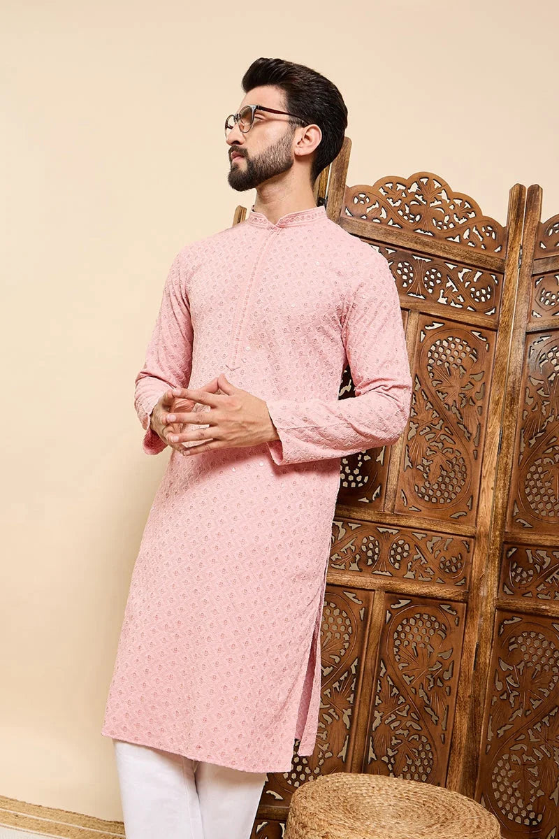 Peach Viscose Rayon Solid Embroidered Ethnic Straight Chikankari Kurta For Men MKU1029PCH