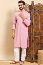 Pink Viscose Rayon Solid Embroidered Ethnic Straight Chikankari Kurta For Men MKU1029PNK