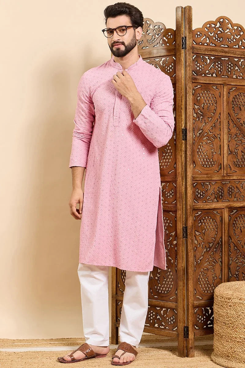 Pink Viscose Rayon Solid Embroidered Ethnic Straight Chikankari Kurta For Men MKU1029PNK