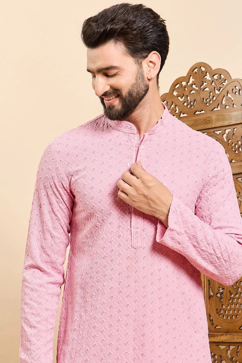 Pink Viscose Rayon Solid Embroidered Ethnic Straight Chikankari Kurta For Men MKU1029PNK