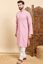 Pink Viscose Rayon Solid Embroidered Ethnic Straight Chikankari Kurta For Men MKU1029PNK