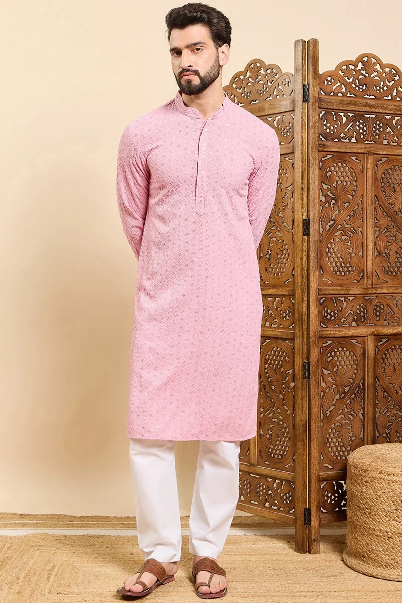 Pink Viscose Rayon Solid Embroidered Ethnic Straight Chikankari Kurta For Men MKU1029PNK