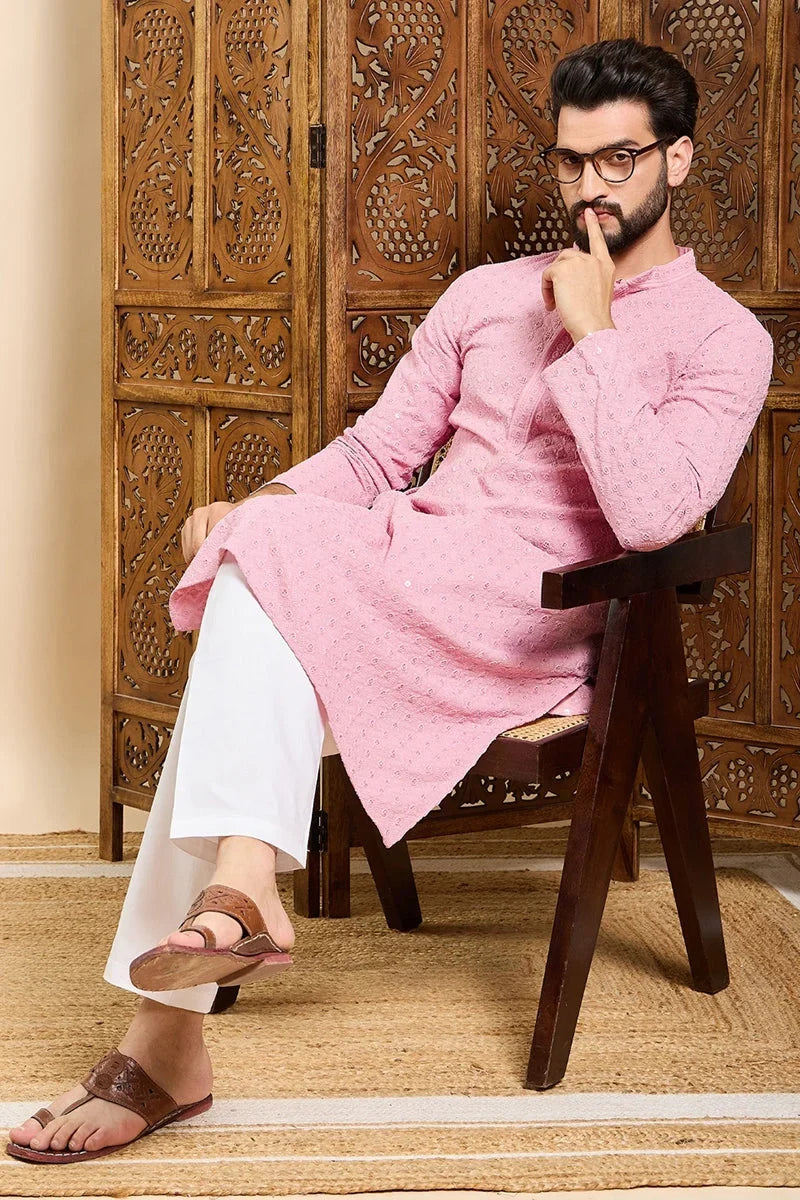 Pink Viscose Rayon Solid Embroidered Ethnic Straight Chikankari Kurta For Men MKU1029PNK