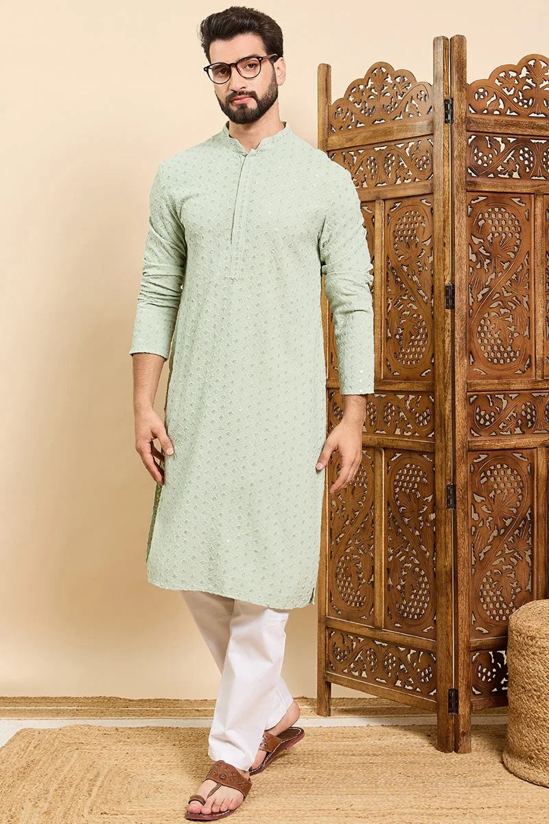 Sea Green Viscose Rayon Solid Embroidered Ethnic Straight Chikankari Kurta For Men MKU1029SEA