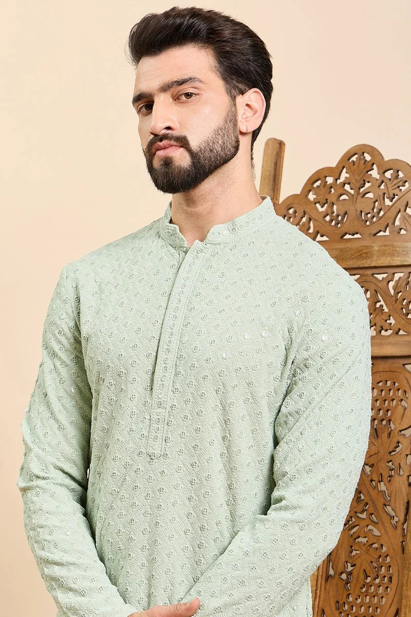 Sea Green Viscose Rayon Solid Embroidered Ethnic Straight Chikankari Kurta For Men MKU1029SEA