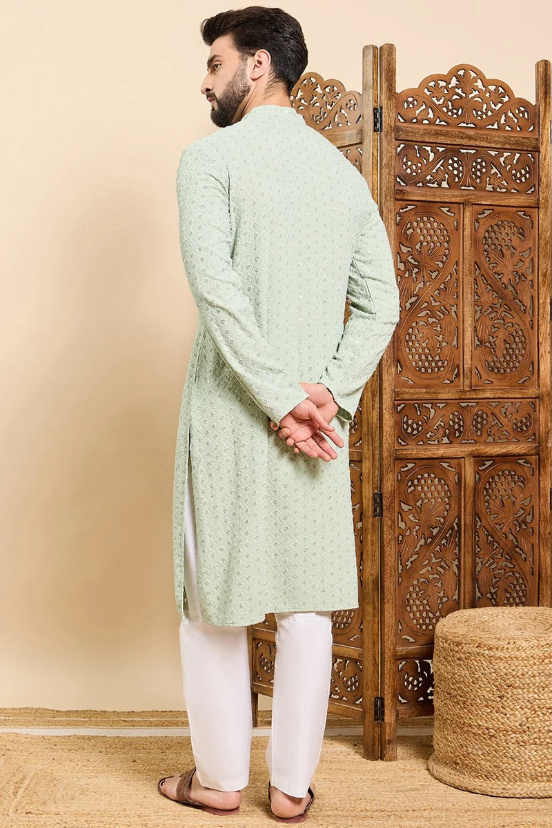 Sea Green Viscose Rayon Solid Embroidered Ethnic Straight Chikankari Kurta For Men MKU1029SEA