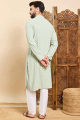 Sea Green Viscose Rayon Solid Embroidered Ethnic Straight Chikankari Kurta For Men MKU1029SEA