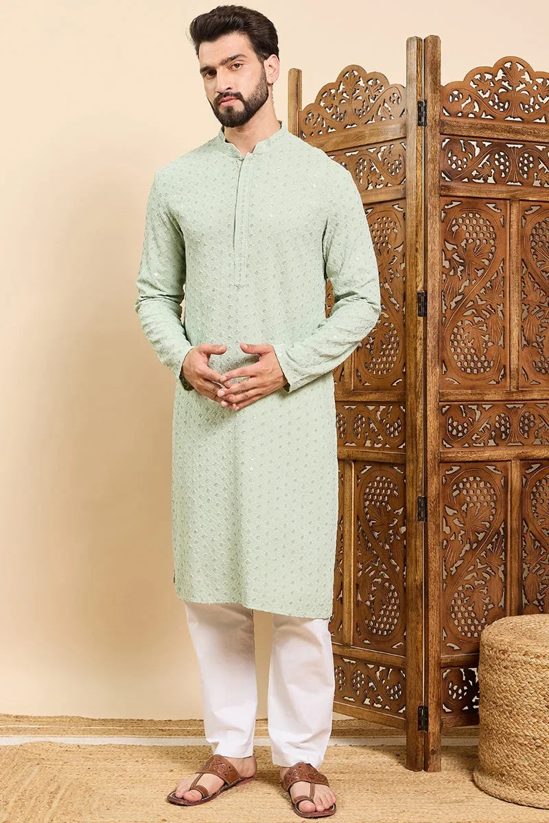 Sea Green Viscose Rayon Solid Embroidered Ethnic Straight Chikankari Kurta For Men MKU1029SEA