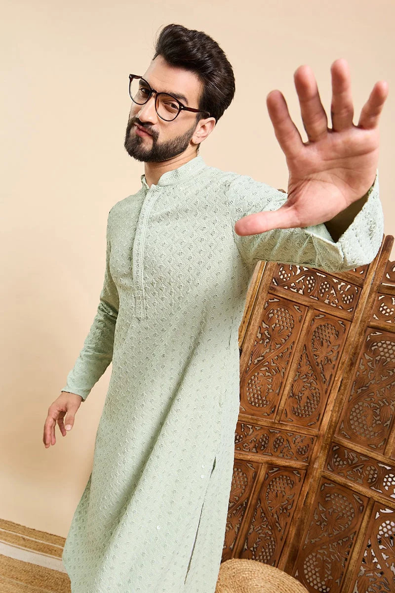 Sea Green Viscose Rayon Solid Embroidered Ethnic Straight Chikankari Kurta For Men MKU1029SEA
