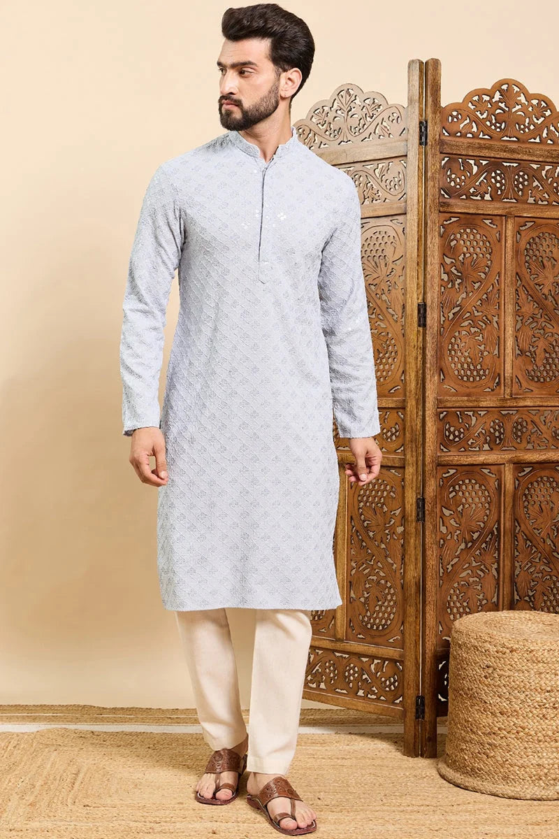 Blue Viscose Rayon Solid Embroidered Ethnic Straight Chikankari Kurta For Men MKU1030BLU