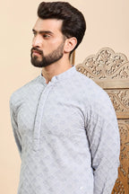 Blue Viscose Rayon Solid Embroidered Ethnic Straight Chikankari Kurta For Men MKU1030BLU
