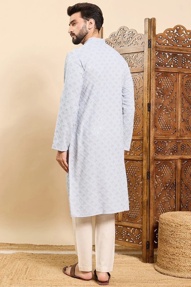 Blue Viscose Rayon Solid Embroidered Ethnic Straight Chikankari Kurta For Men MKU1030BLU