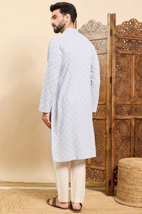 Blue Viscose Rayon Solid Embroidered Ethnic Straight Chikankari Kurta For Men MKU1030BLU