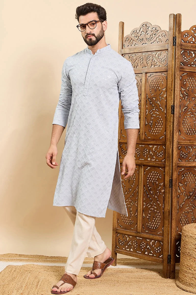 Blue Viscose Rayon Solid Embroidered Ethnic Straight Chikankari Kurta For Men MKU1030BLU