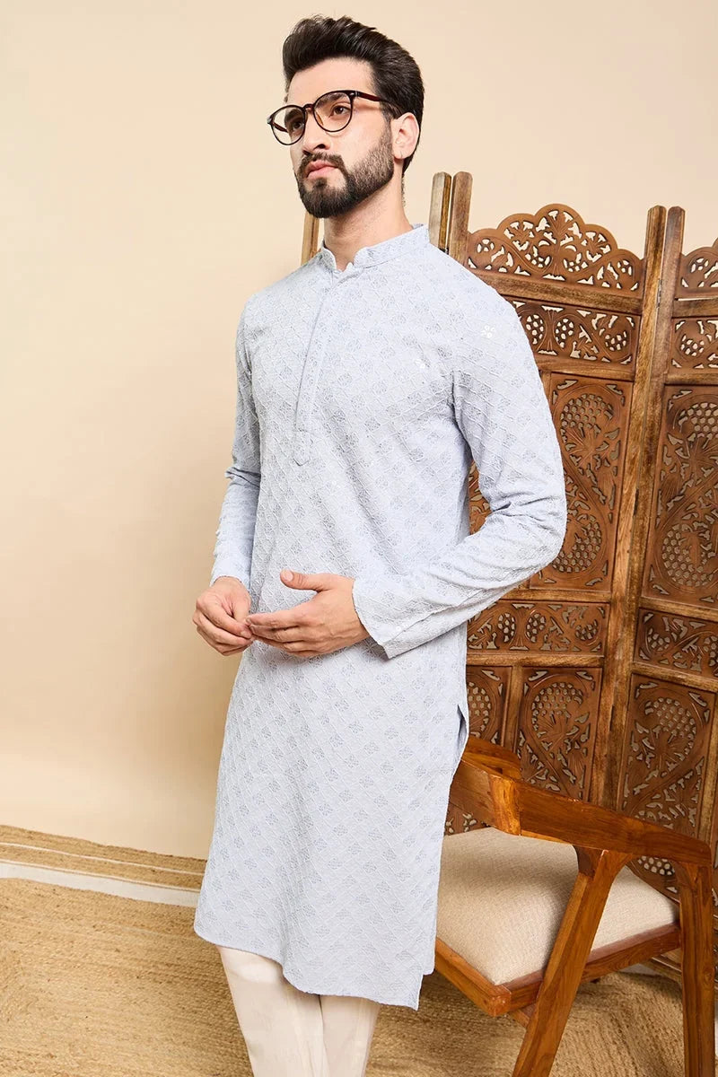 Blue Viscose Rayon Solid Embroidered Ethnic Straight Chikankari Kurta For Men MKU1030BLU