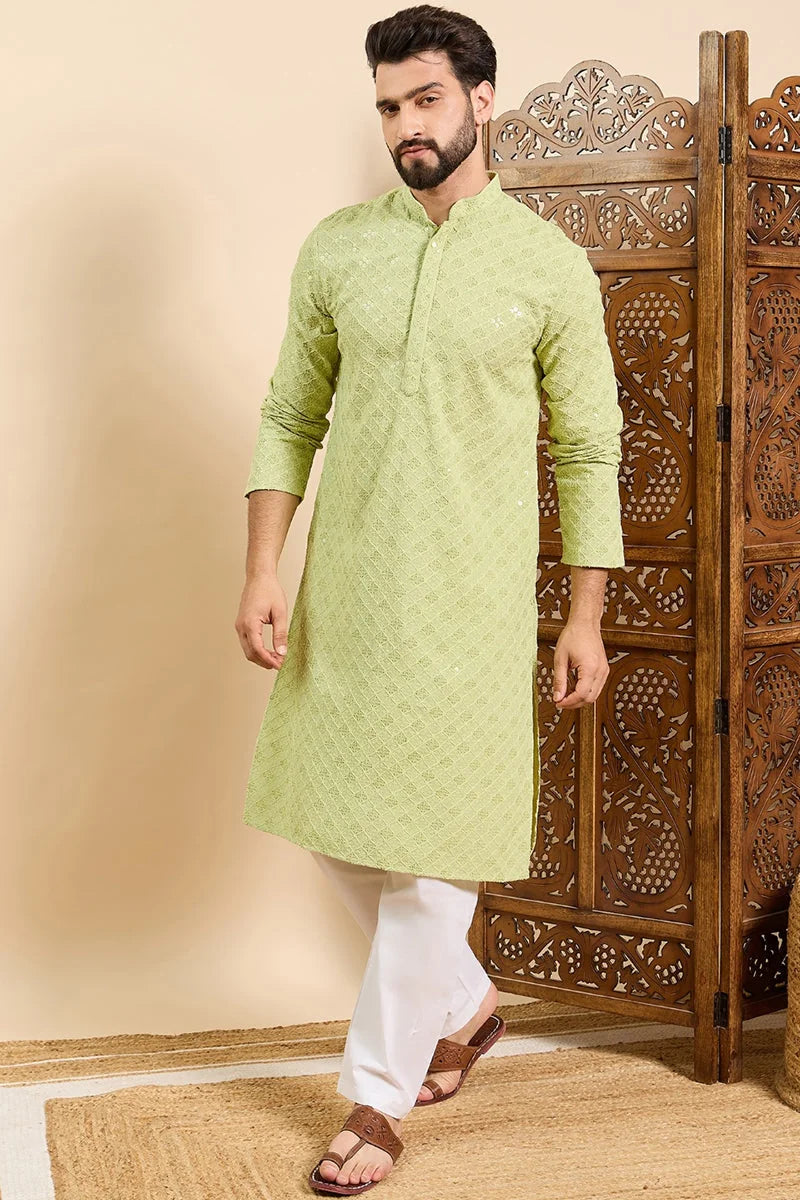 Green Viscose Rayon Solid Embroidered Ethnic Straight Chikankari Kurta For Men MKU1030GRN