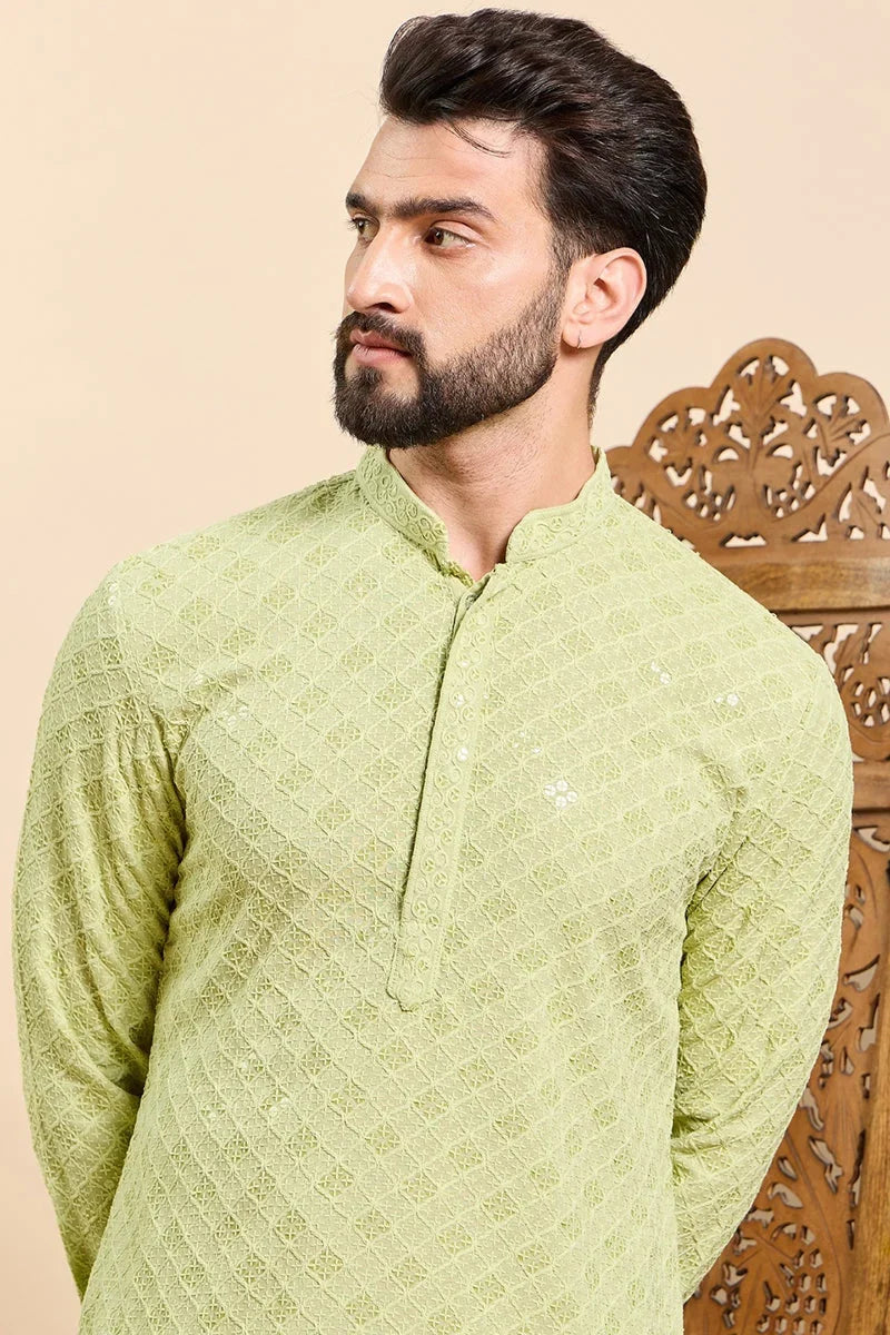 Green Viscose Rayon Solid Embroidered Ethnic Straight Chikankari Kurta For Men MKU1030GRN