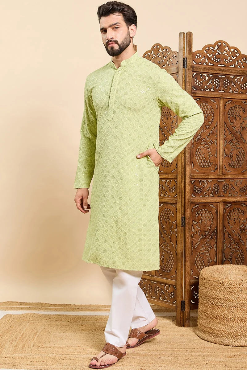 Green Viscose Rayon Solid Embroidered Ethnic Straight Chikankari Kurta For Men MKU1030GRN