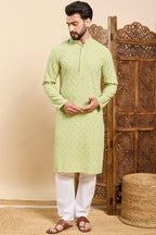 Green Viscose Rayon Solid Embroidered Ethnic Straight Chikankari Kurta For Men MKU1030GRN