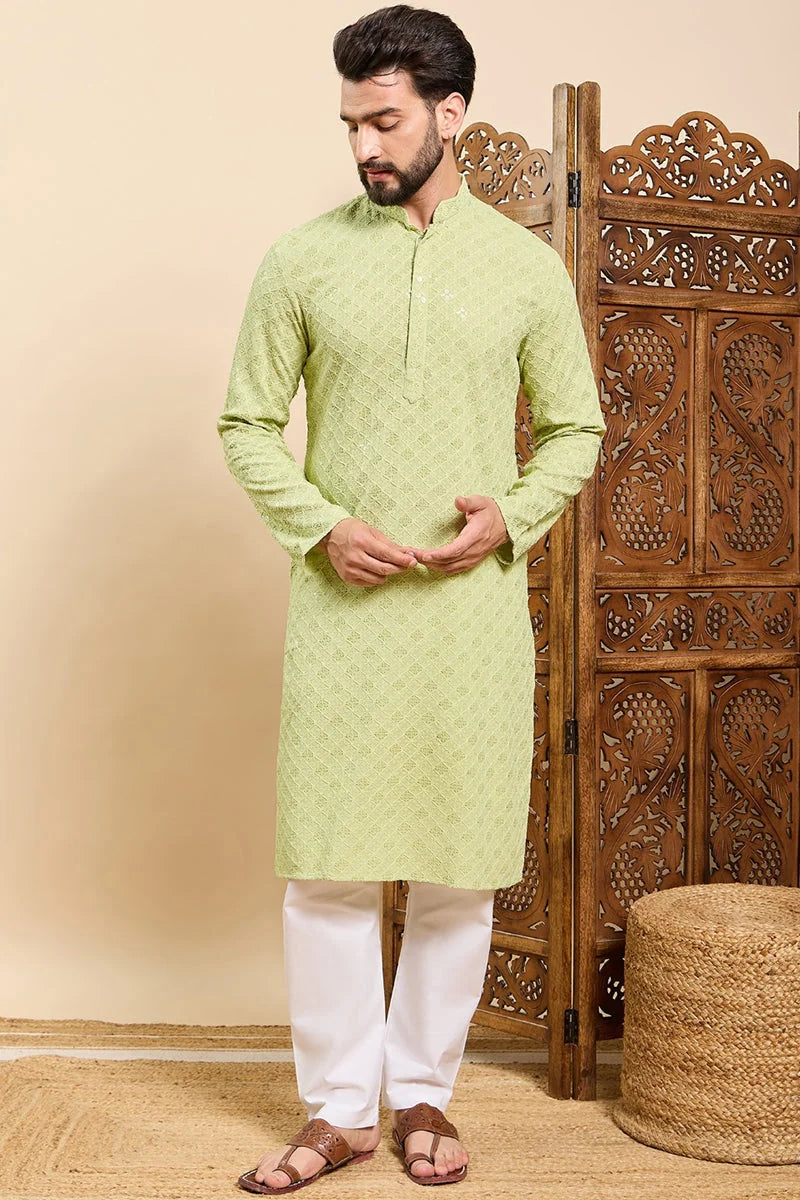 Green Viscose Rayon Solid Embroidered Ethnic Straight Chikankari Kurta For Men MKU1030GRN