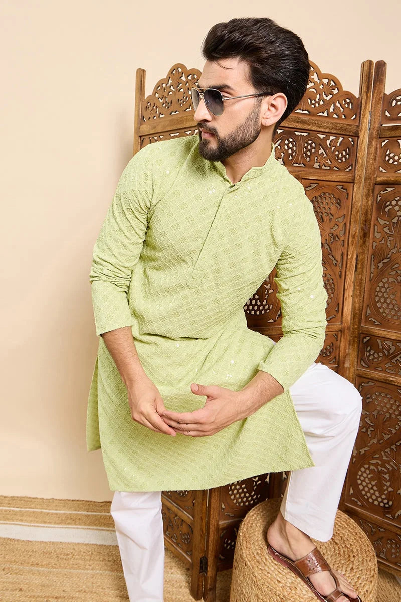 Green Viscose Rayon Solid Embroidered Ethnic Straight Chikankari Kurta For Men MKU1030GRN