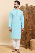 Turquoise Blue Viscose Rayon Solid Embroidered Ethnic Straight Chikankari Kurta For Men MKU1030LBLU