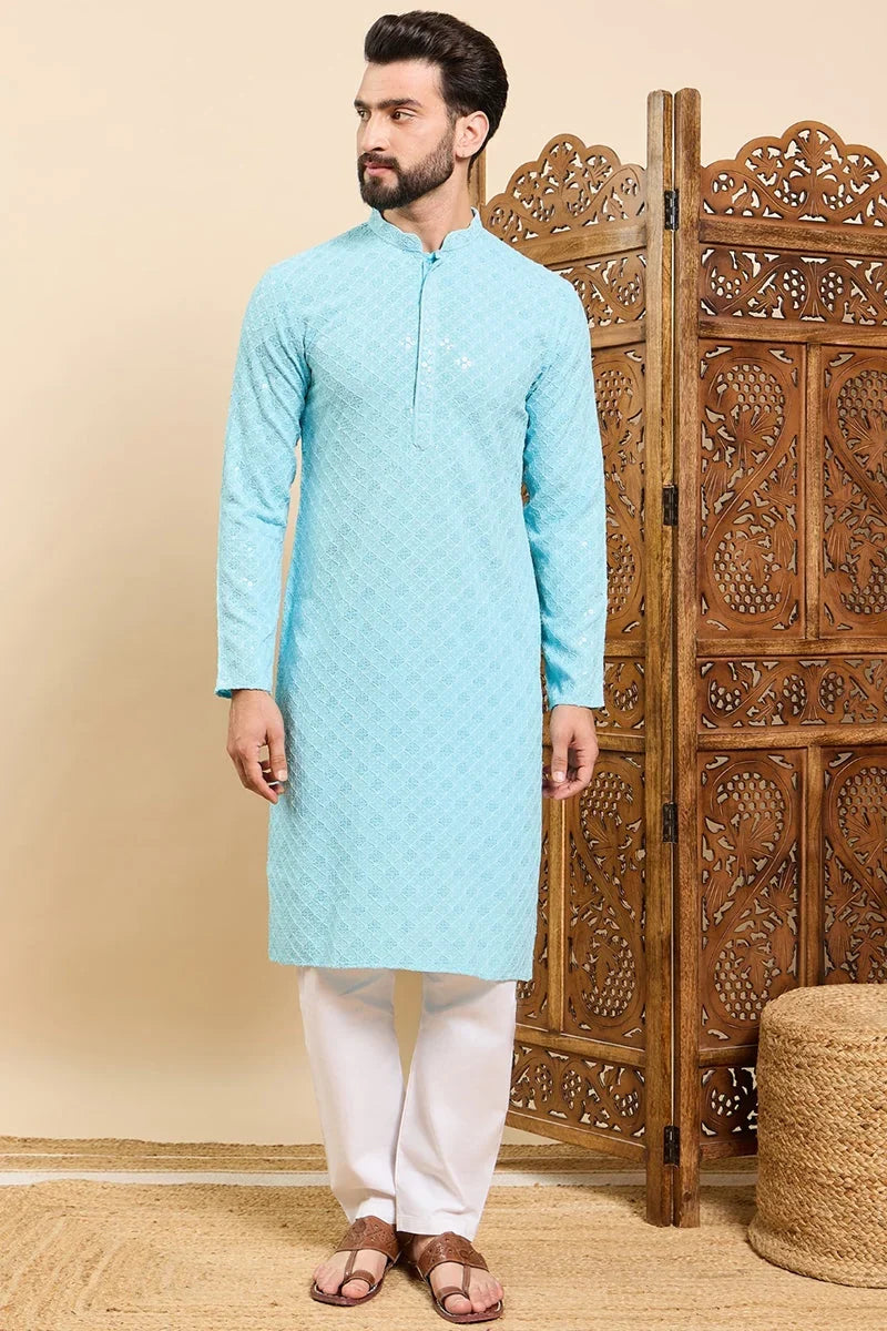 Turquoise Blue Viscose Rayon Solid Embroidered Ethnic Straight Chikankari Kurta For Men MKU1030LBLU
