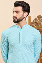 Turquoise Blue Viscose Rayon Solid Embroidered Ethnic Straight Chikankari Kurta For Men MKU1030LBLU