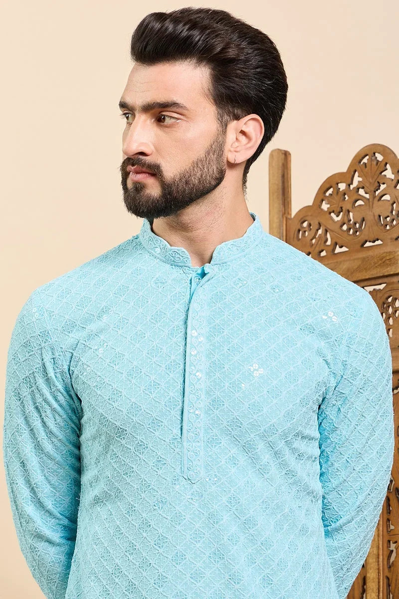 Turquoise Blue Viscose Rayon Solid Embroidered Ethnic Straight Chikankari Kurta For Men MKU1030LBLU
