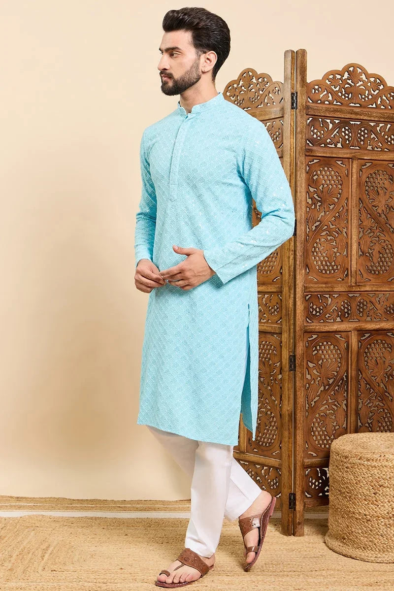 Turquoise Blue Viscose Rayon Solid Embroidered Ethnic Straight Chikankari Kurta For Men MKU1030LBLU