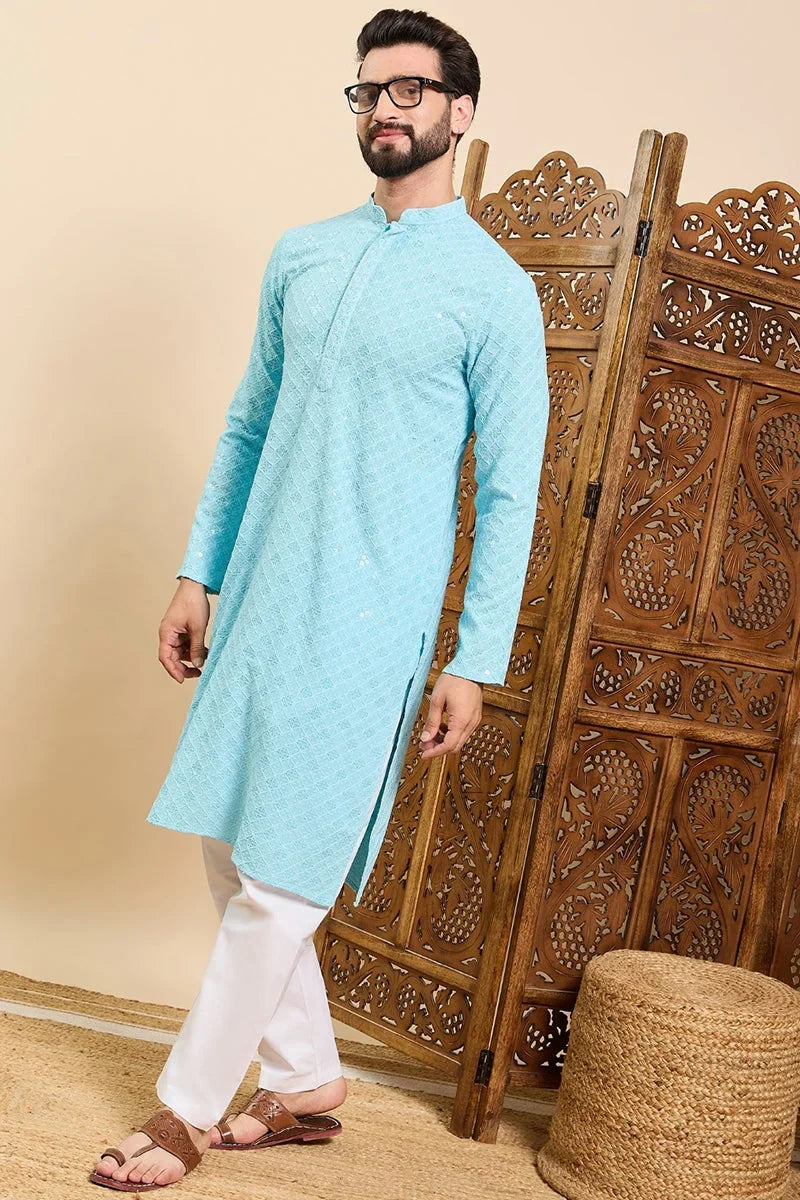 Turquoise Blue Viscose Rayon Solid Embroidered Ethnic Straight Chikankari Kurta For Men MKU1030LBLU