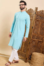 Turquoise Blue Viscose Rayon Solid Embroidered Ethnic Straight Chikankari Kurta For Men MKU1030LBLU