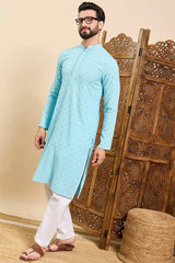 Turquoise Blue Viscose Rayon Solid Embroidered Ethnic Straight Chikankari Kurta For Men MKU1030LBLU