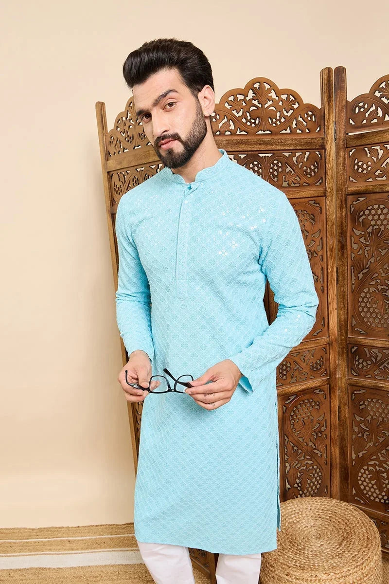Turquoise Blue Viscose Rayon Solid Embroidered Ethnic Straight Chikankari Kurta For Men MKU1030LBLU